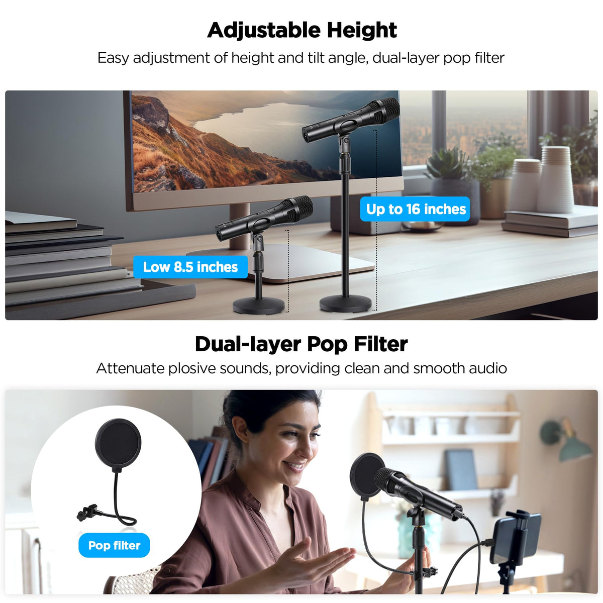 USB Dynamic Microphone with Desktop Stand, Pop Filter, Headphone Jack Z331242