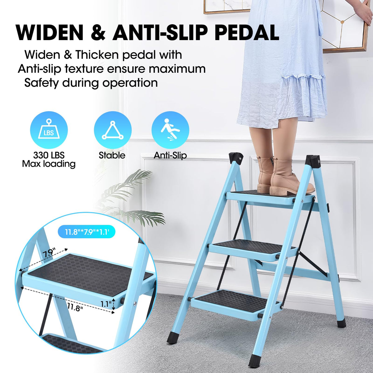 Folding Aluminum 3 Step Ladder 330 LBS Capacity Blue X630