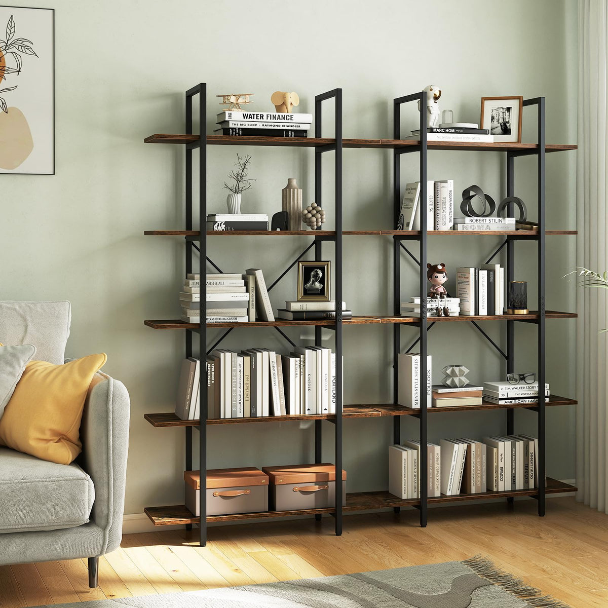 5-Tier Rustic Brown Bookshelf with Metal Frame X51833