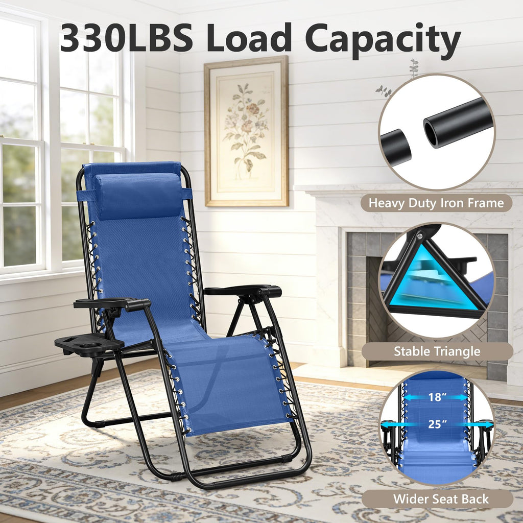Blue Set of 2 Zero Gravity Lounge Chair with Pillow & Cup Holder U302
