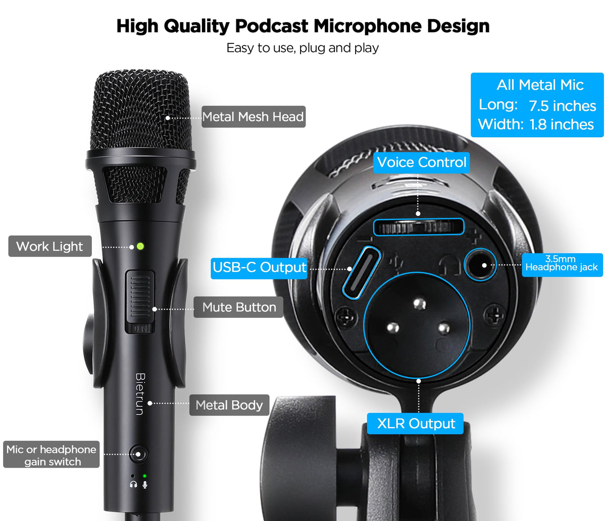 USB Dynamic Microphone with Desktop Stand, Pop Filter, Headphone Jack Z331242