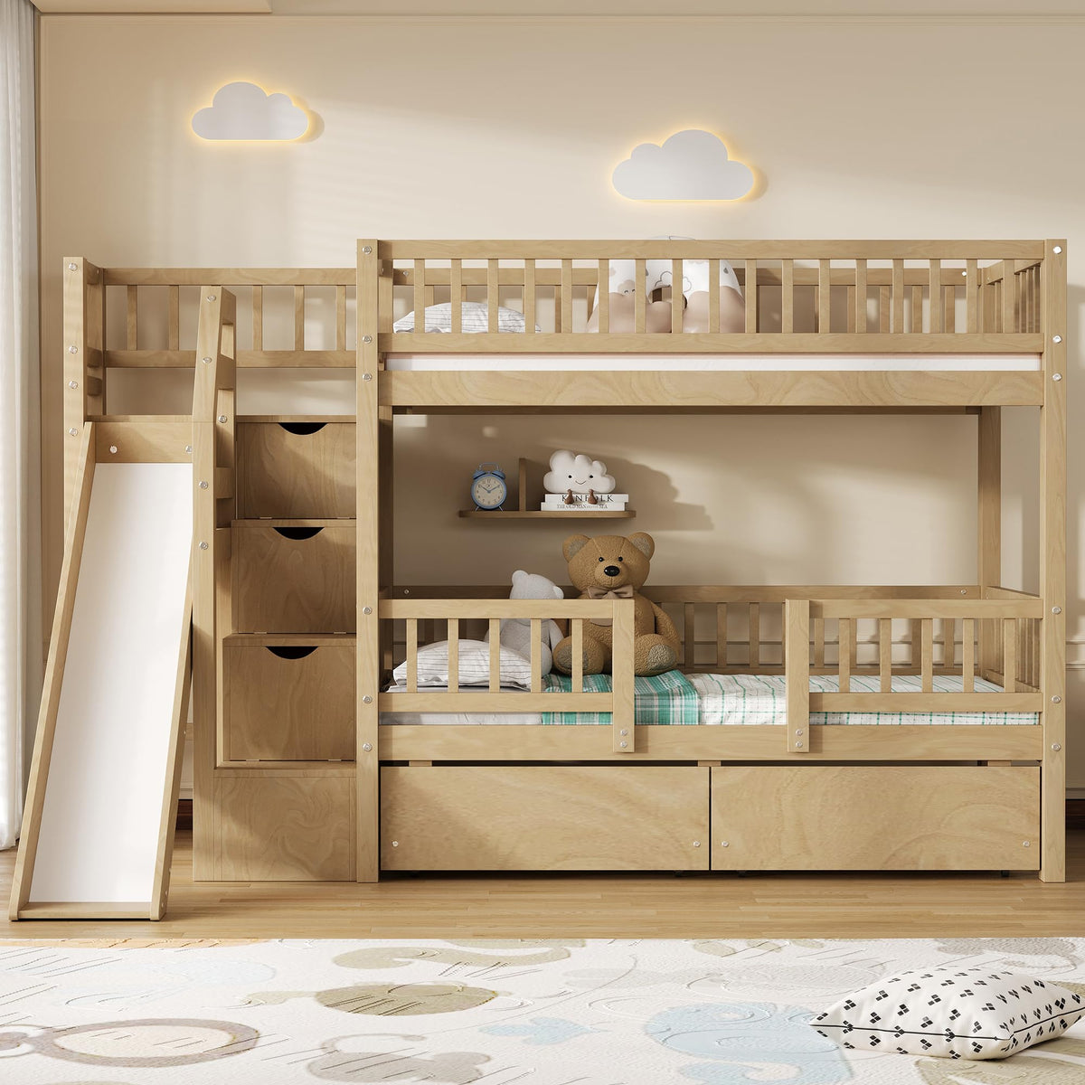Twin Over Twin Bunk Bed with Slide and Storage Drawers D962549