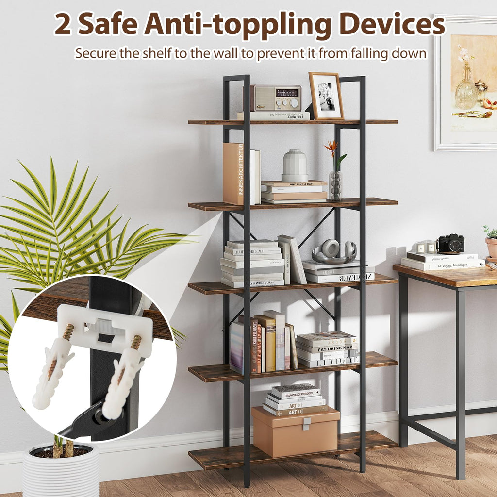 5-Tier Rustic Brown Bookshelf with Metal Frame X51833