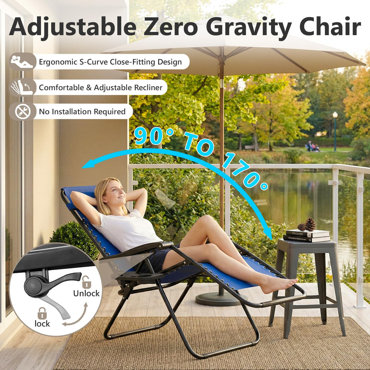 Blue Set of 2 Zero Gravity Lounge Chair with Pillow & Cup Holder U302