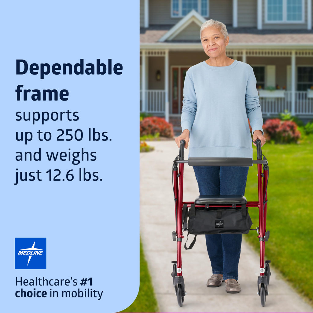 Lightweight Folding Aluminum Rollator Walker with 6-inch Wheels, Adjustable Seat and Arms, Burgundy C1519