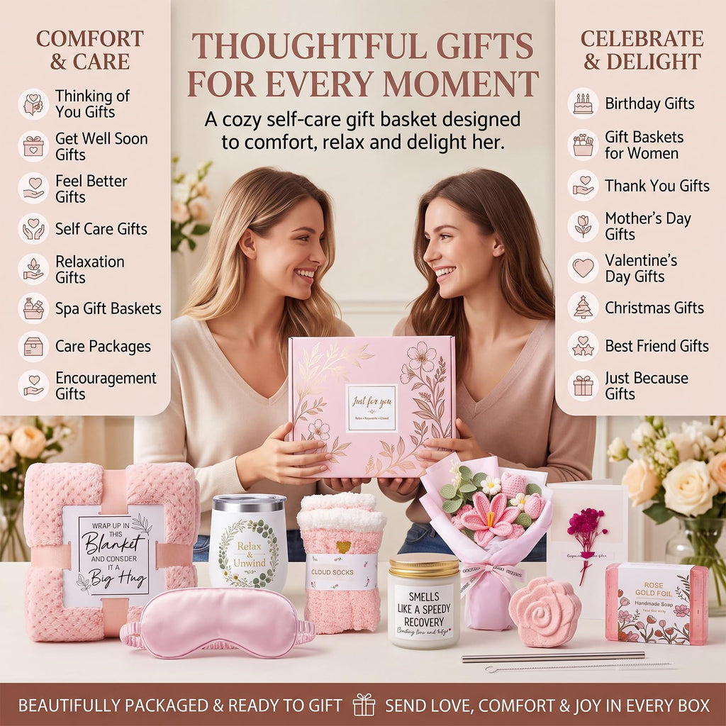 10 PCS Pink Gift Basket with Blanket, Tumbler & Crochet Flowers F173