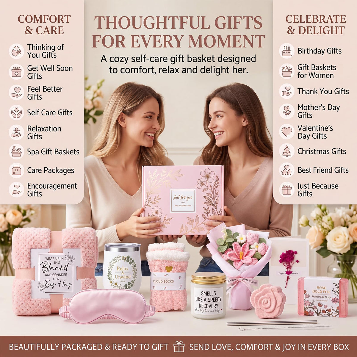 10 PCS Pink Gift Basket with Blanket, Tumbler & Crochet Flowers F173