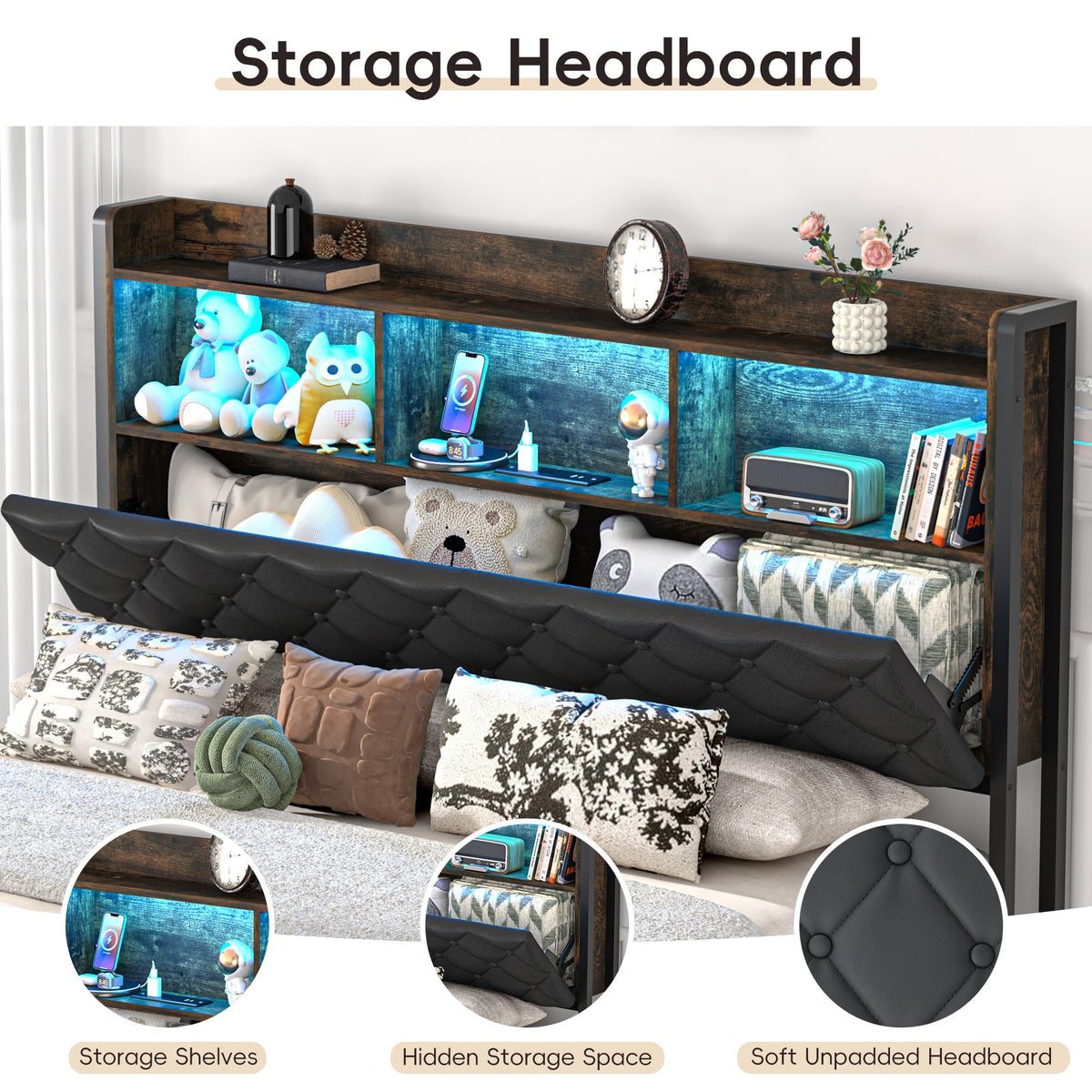 Queen Size Metal Platform Bed with Storage Bookcase Headboard H336376