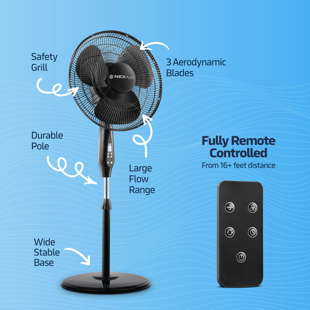 16 Inch Oscillating Pedestal Fan with Remote Control, 3 Speed, Adjustable Height Y63089