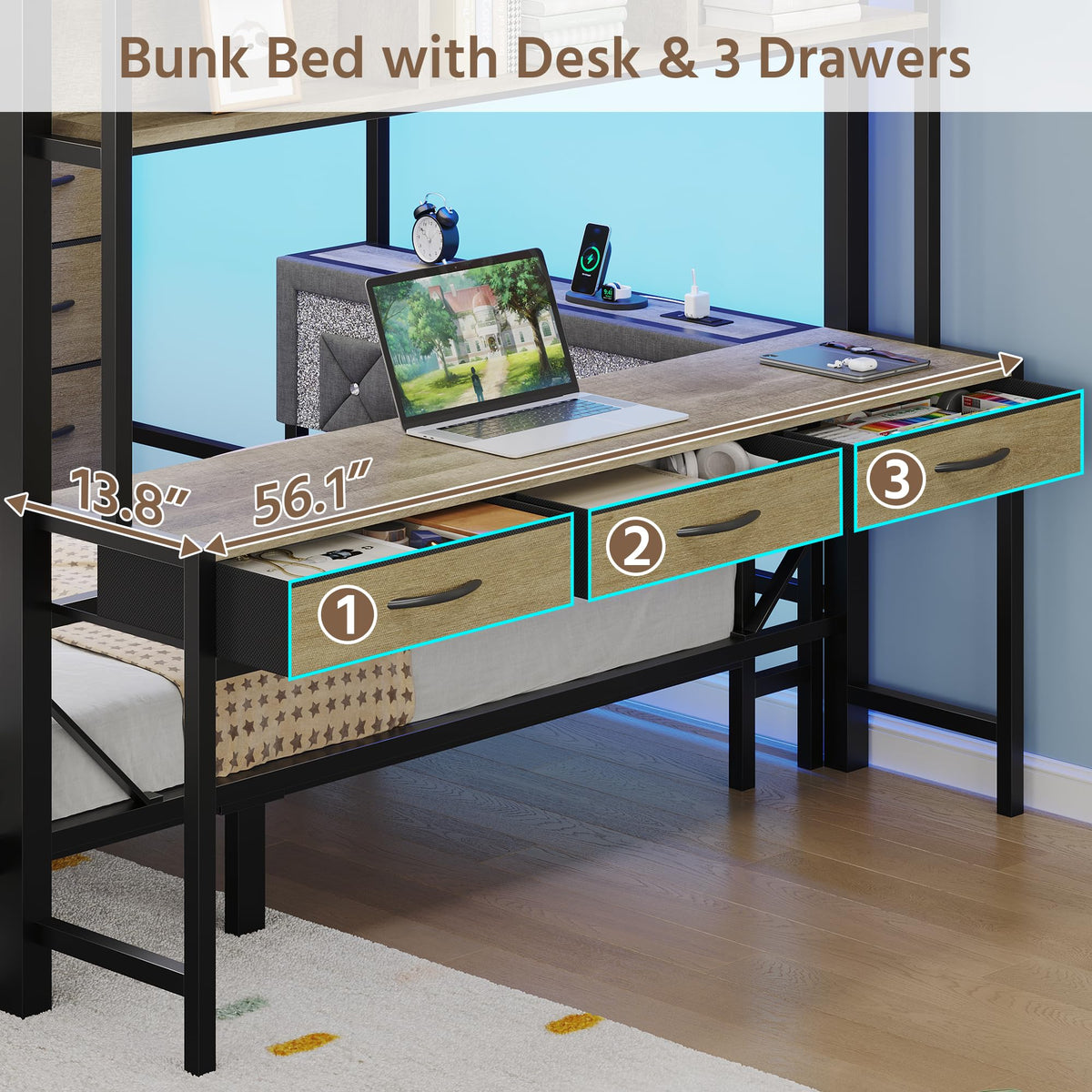Oak Gray Full Over Twin Bunk Bed with Desk and Drawers D779145