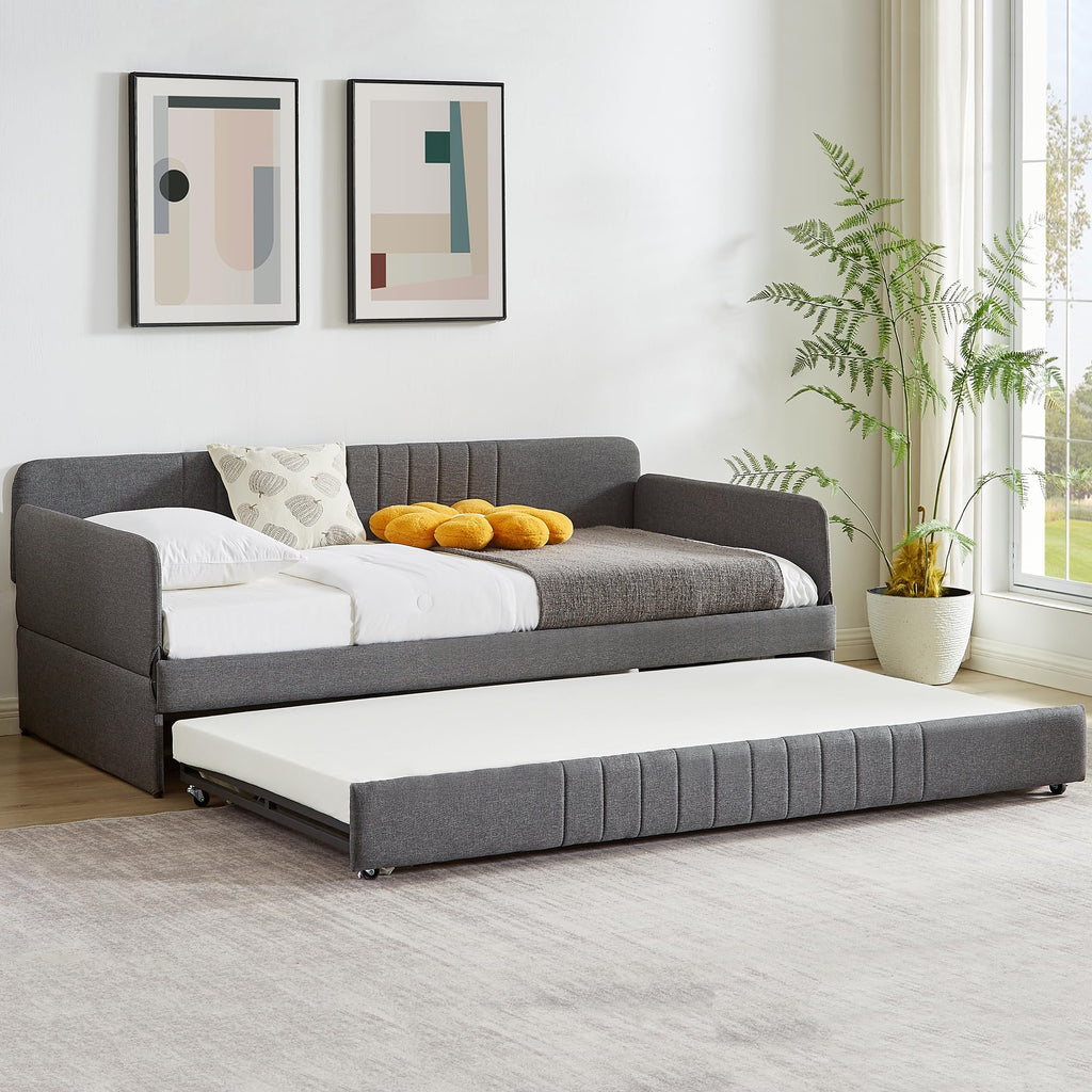 Twin Size Gray Linen Upholstered Daybed with Trundle B200