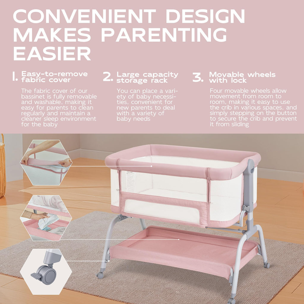Baby Bassinet Bedside Crib with Mattress & Sheet, 4-Sided Mesh, Pink Q70977