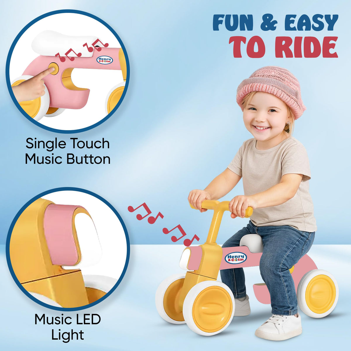 4 Wheel Toddler Balance Bike with Lights Music Soft Seat Pink Y170553