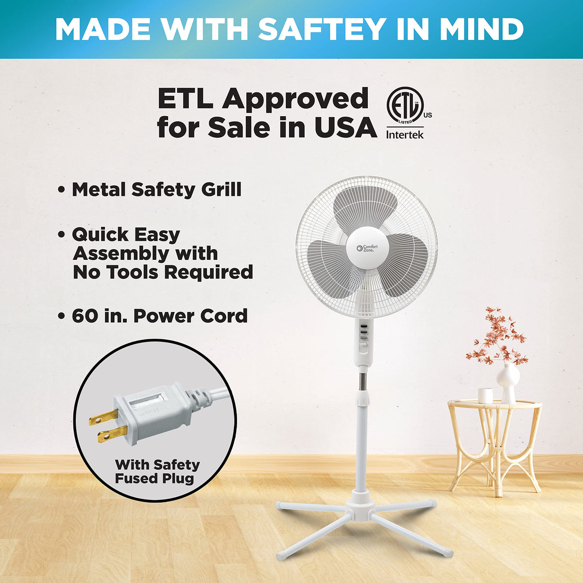16 inch 3 Speed Oscillating Pedestal Fan White F750959