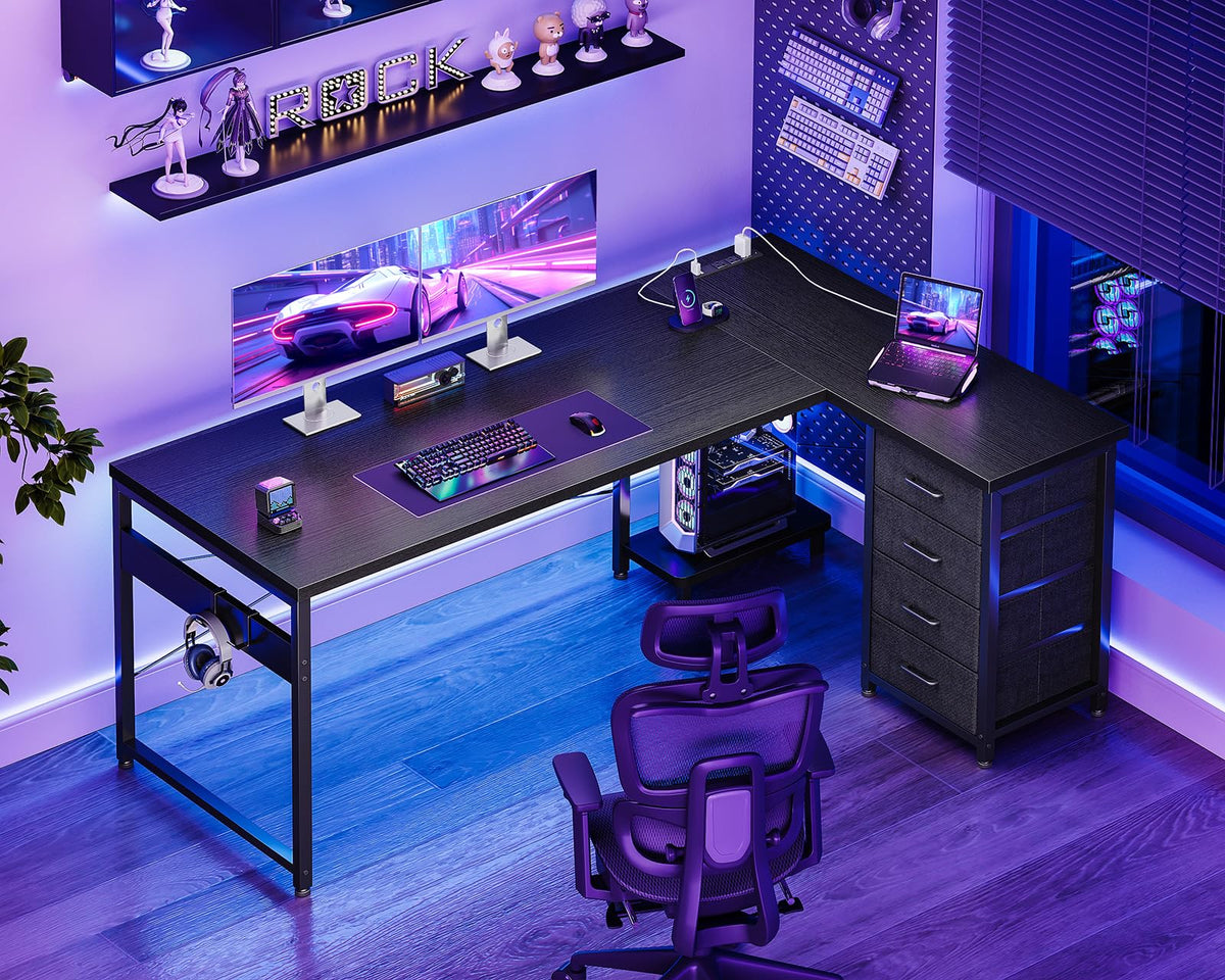 61" L Shaped Gaming Desk with 4 Drawers and Power Outlets, Black T475654