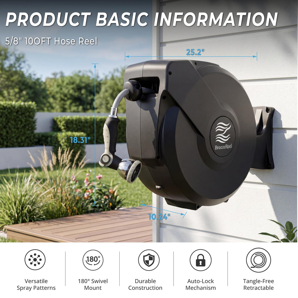 5/8 in x 100 ft Retractable Garden Hose Reel with 10 Patterns Nozzle B73581