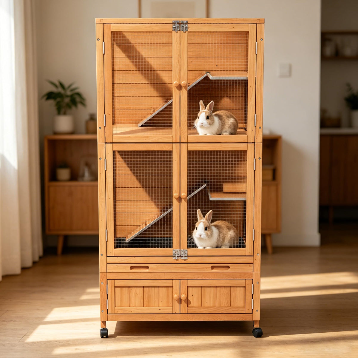 2-Story Wooden Rabbit Hutch with Ramp, Trays & Wheels G16652