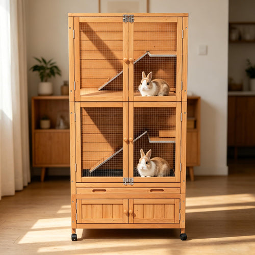 2-Story Wooden Rabbit Hutch with Ramp, Trays & Wheels G16652