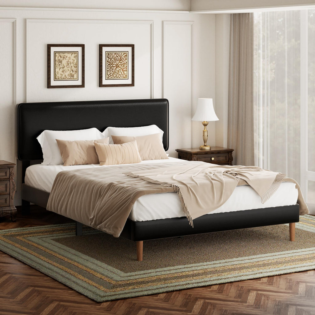 Black Full Size Upholstered Platform Bed Frame with Adjustable Headboard S2910