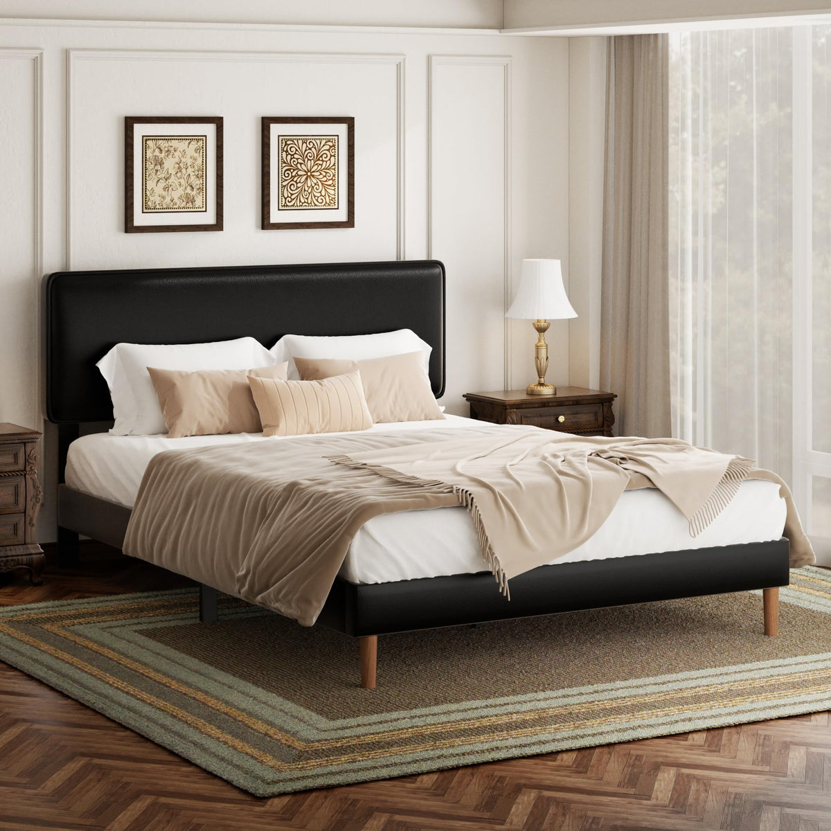 Black Full Size Upholstered Platform Bed Frame with Adjustable Headboard S2910