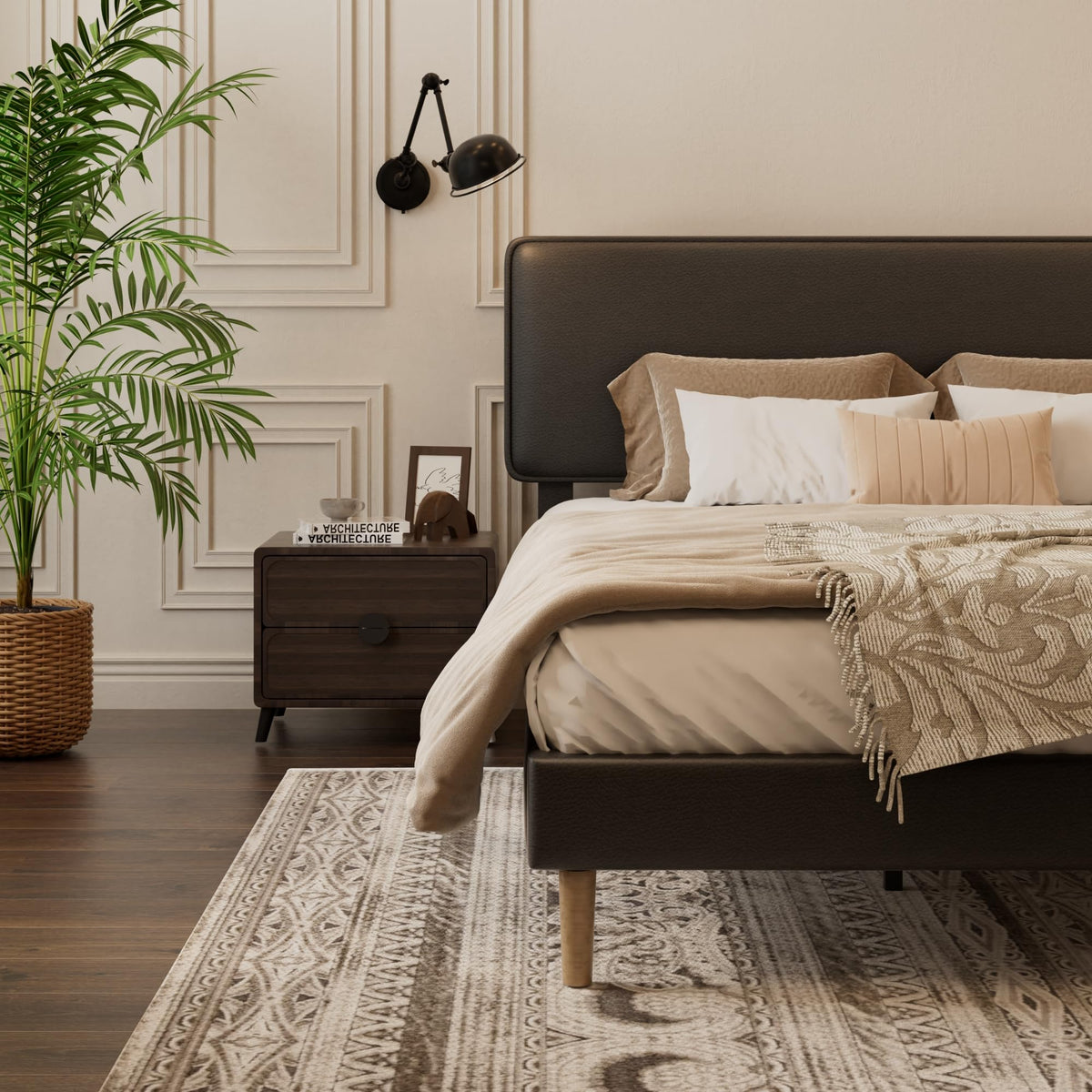Black Full Size Upholstered Platform Bed Frame with Adjustable Headboard S2910