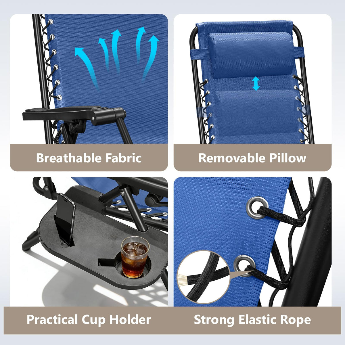 Blue Set of 2 Zero Gravity Lounge Chair with Pillow & Cup Holder U302