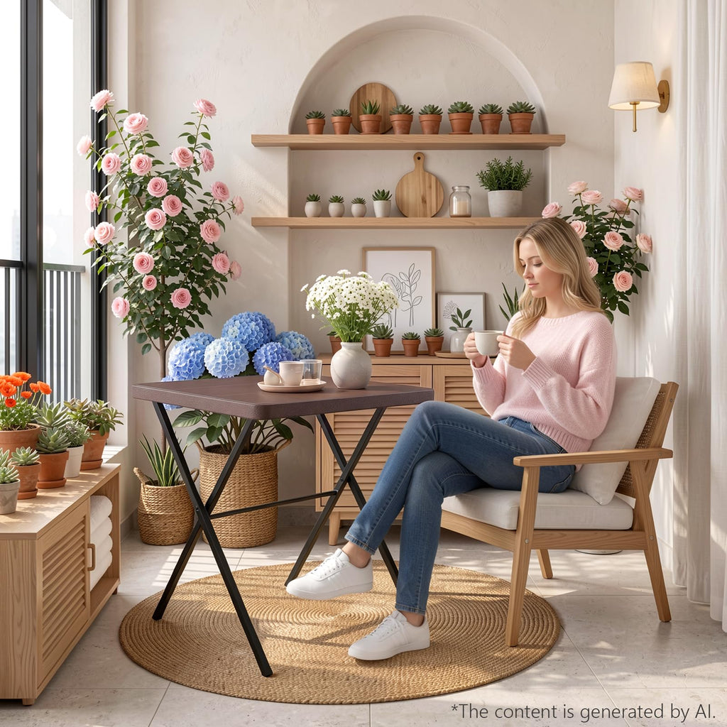 Folding Table, Portable Coffee Table 27in Square Table for Small Spaces, Patio Card Table Foldable Picnic Table with 400 LBS Capacity for Indoor Outdoor Use, Brown J36662