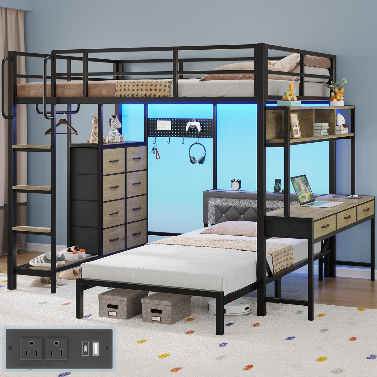 Oak Gray Full Over Twin Bunk Bed with Desk and Drawers D779145