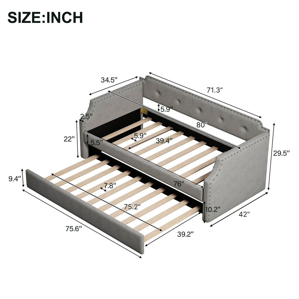 Gray Linen Upholstered Twin Daybed with Trundle X29106