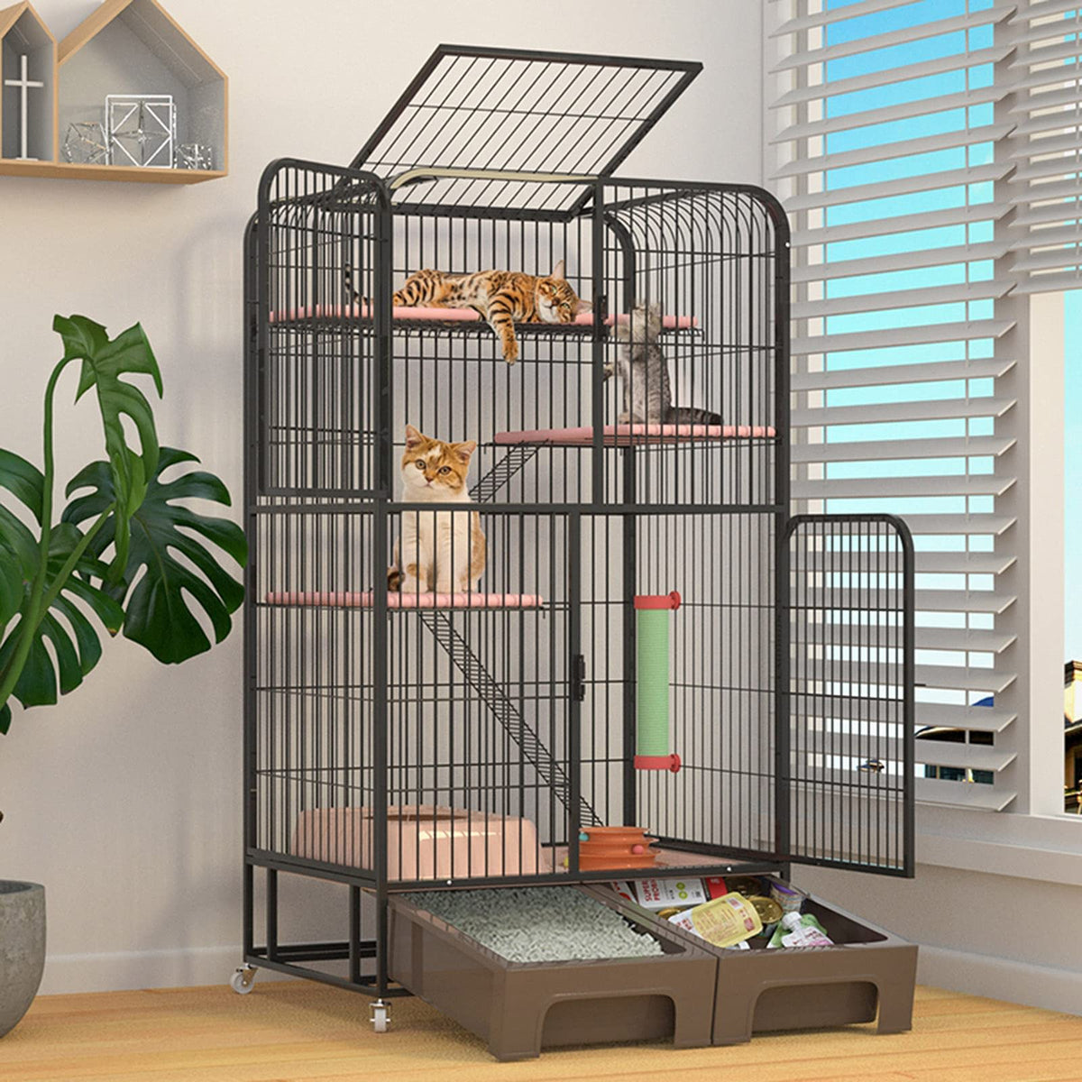 Black Four Layer Metal Cat Cage Dog Crate B4693