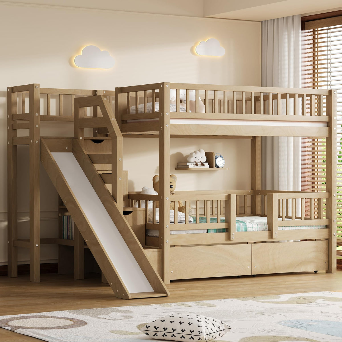 Twin Over Twin Bunk Bed with Slide and Storage Drawers D962549