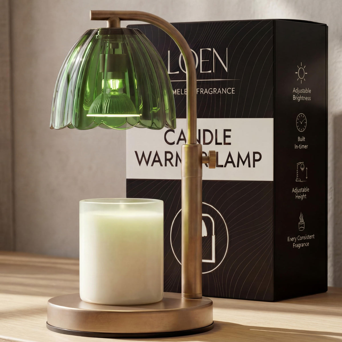 Scalloped Glass Candle Warmer Lamp with Timer, Dimmable, Adjustable Height, Gold Metal, Green V788380