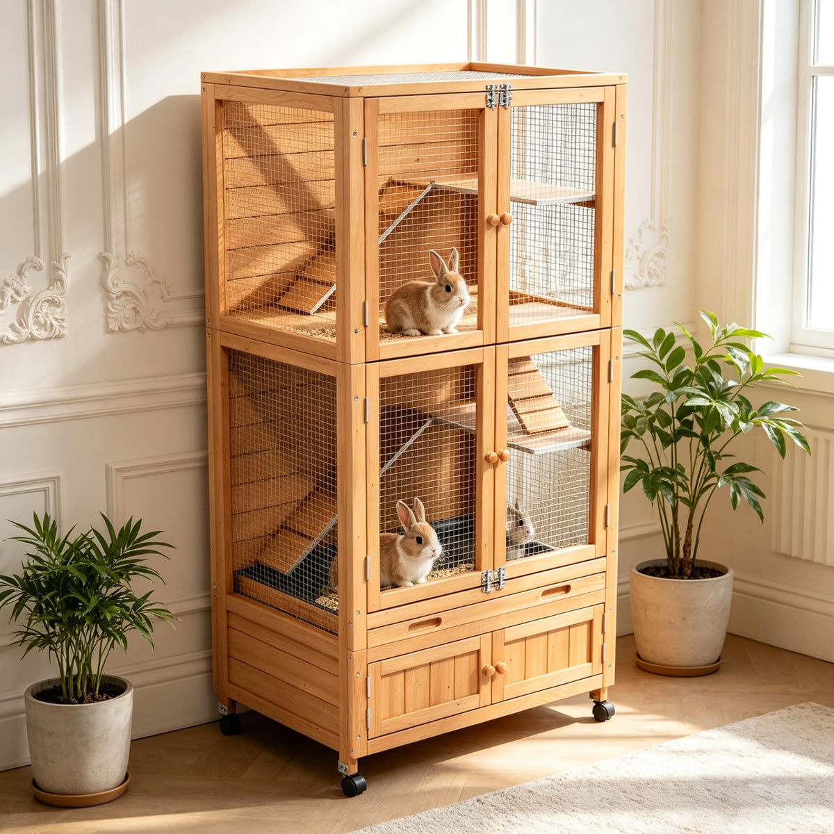 2-Story Wooden Rabbit Hutch with Ramp, Trays & Wheels G16652