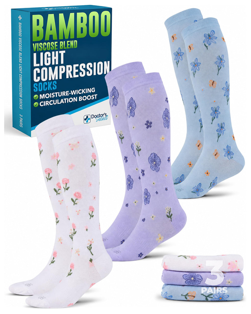 Bamboo Viscose 8-15 mmHg Knee High Compression Socks 3 Pairs W44320