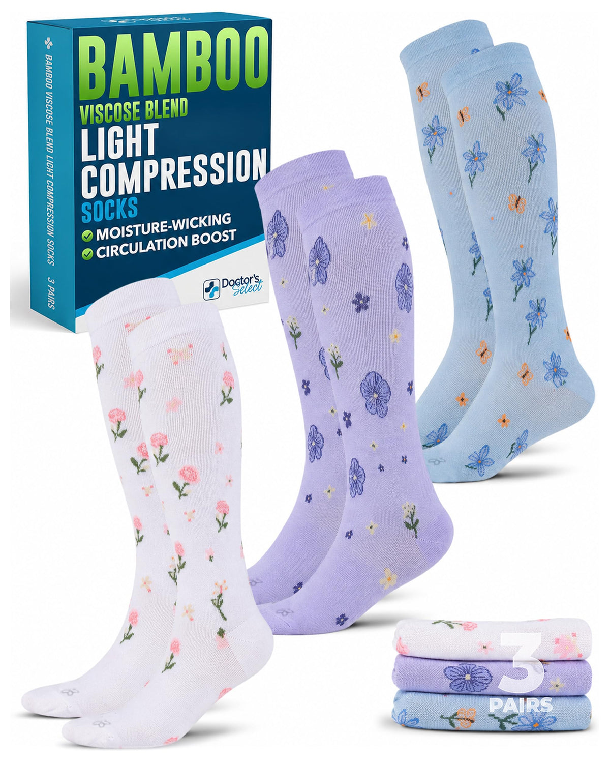 Bamboo Viscose 8-15 mmHg Knee High Compression Socks 3 Pairs W44320