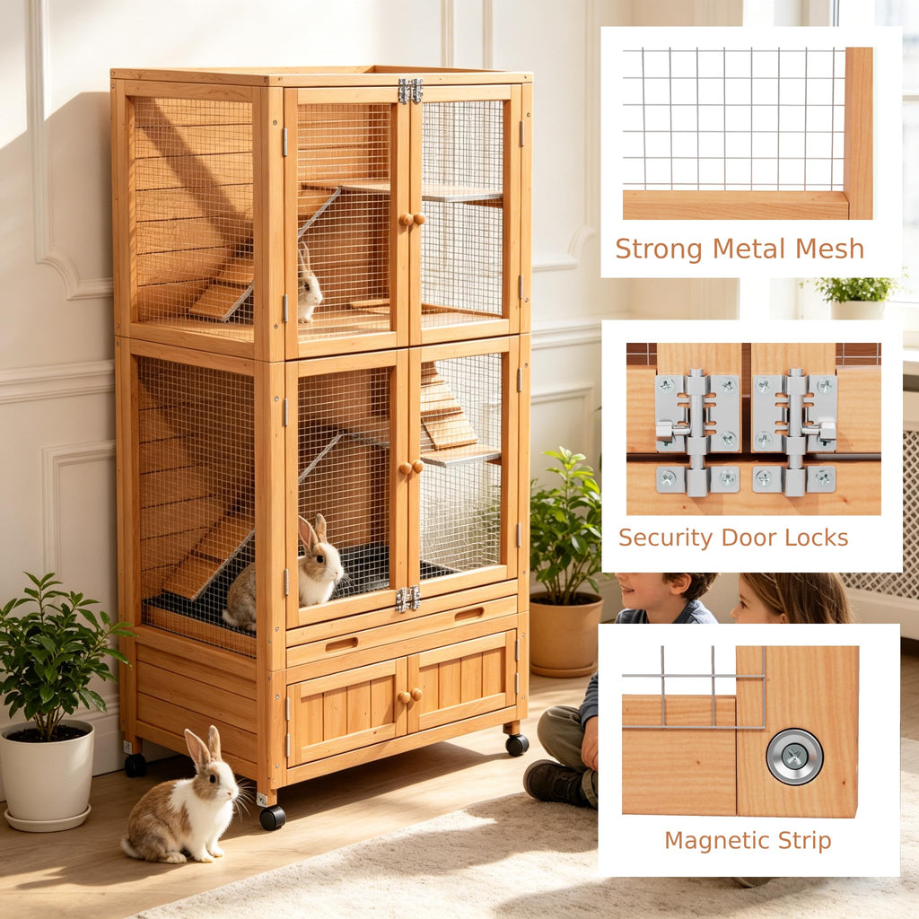 2-Story Wooden Rabbit Hutch with Ramp, Trays & Wheels G16652
