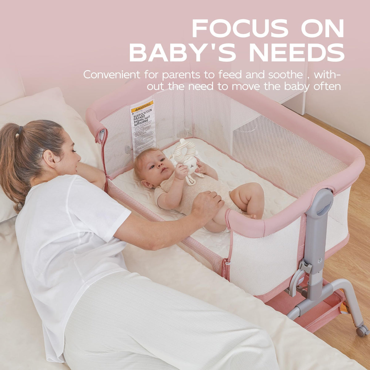 Baby Bassinet Bedside Crib with Mattress & Sheet, 4-Sided Mesh, Pink Q70977