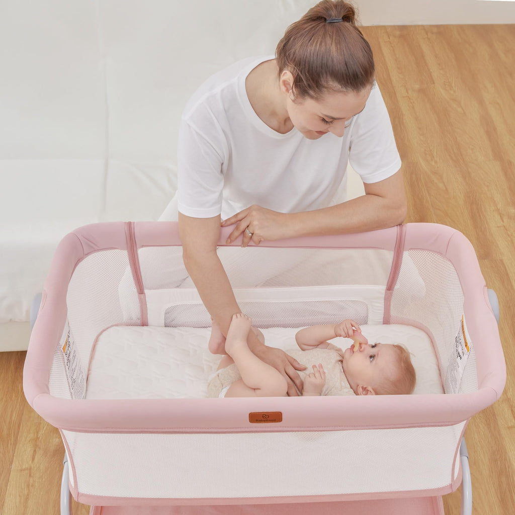 Baby Bassinet Bedside Crib with Mattress & Sheet, 4-Sided Mesh, Pink Q70977