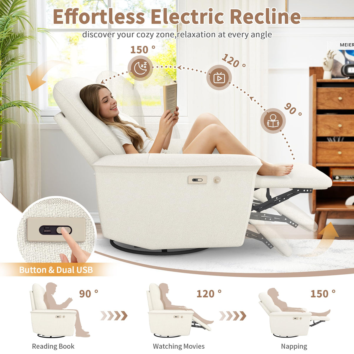 Power Swivel Rocker Recliner Chair with Phone Holder and USB Ports V338