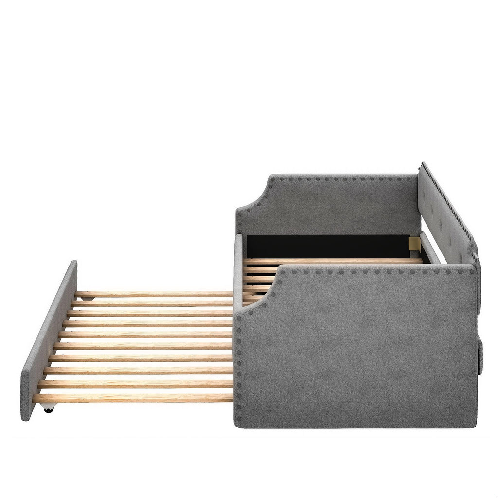 Gray Linen Upholstered Twin Daybed with Trundle X29106
