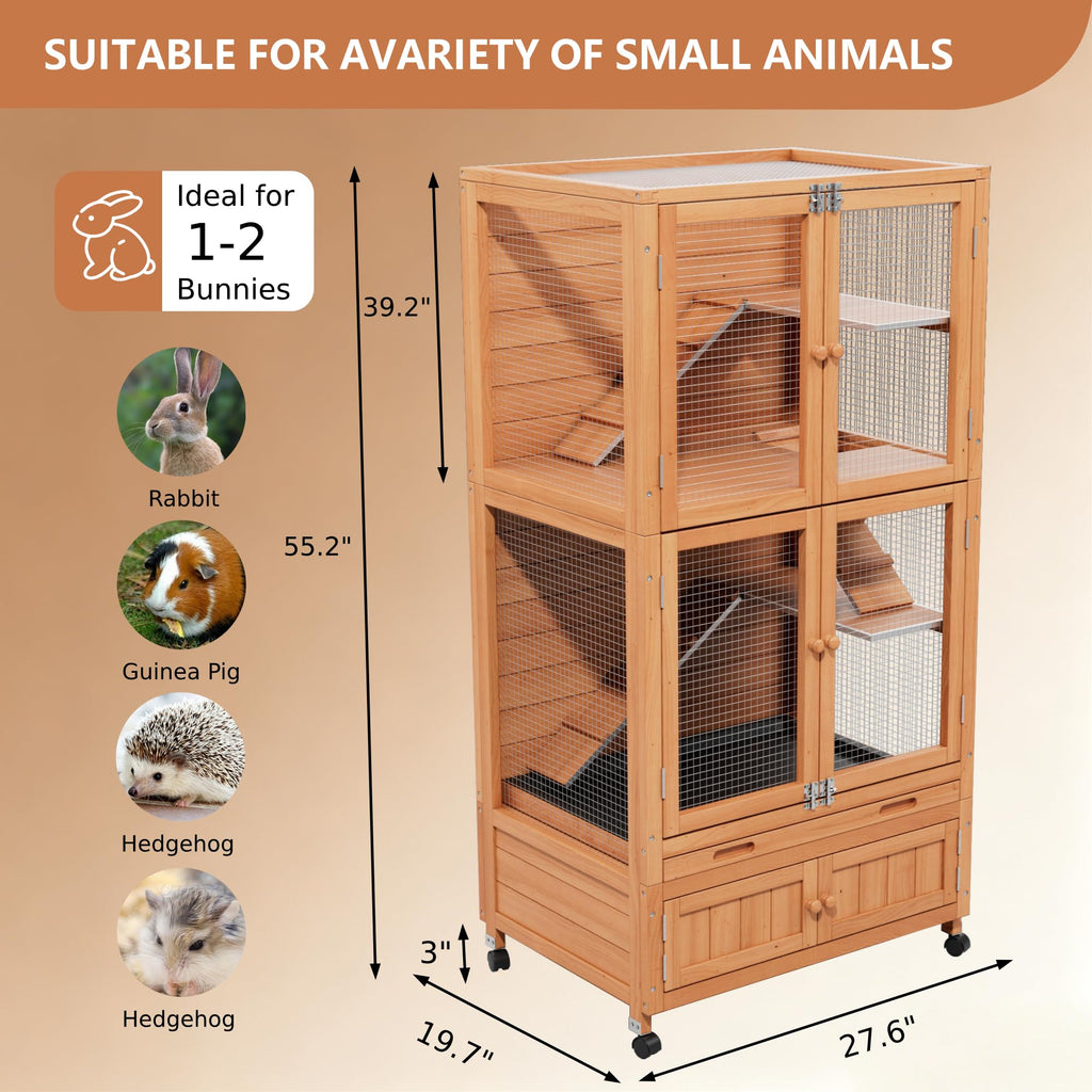 2-Story Wooden Rabbit Hutch with Ramp, Trays & Wheels G16652
