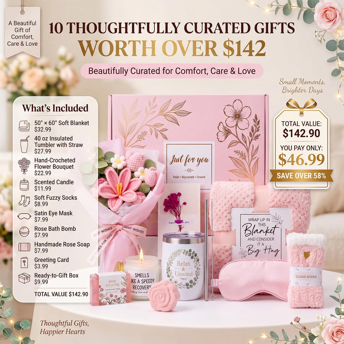 10 PCS Pink Gift Basket with Blanket, Tumbler & Crochet Flowers F173