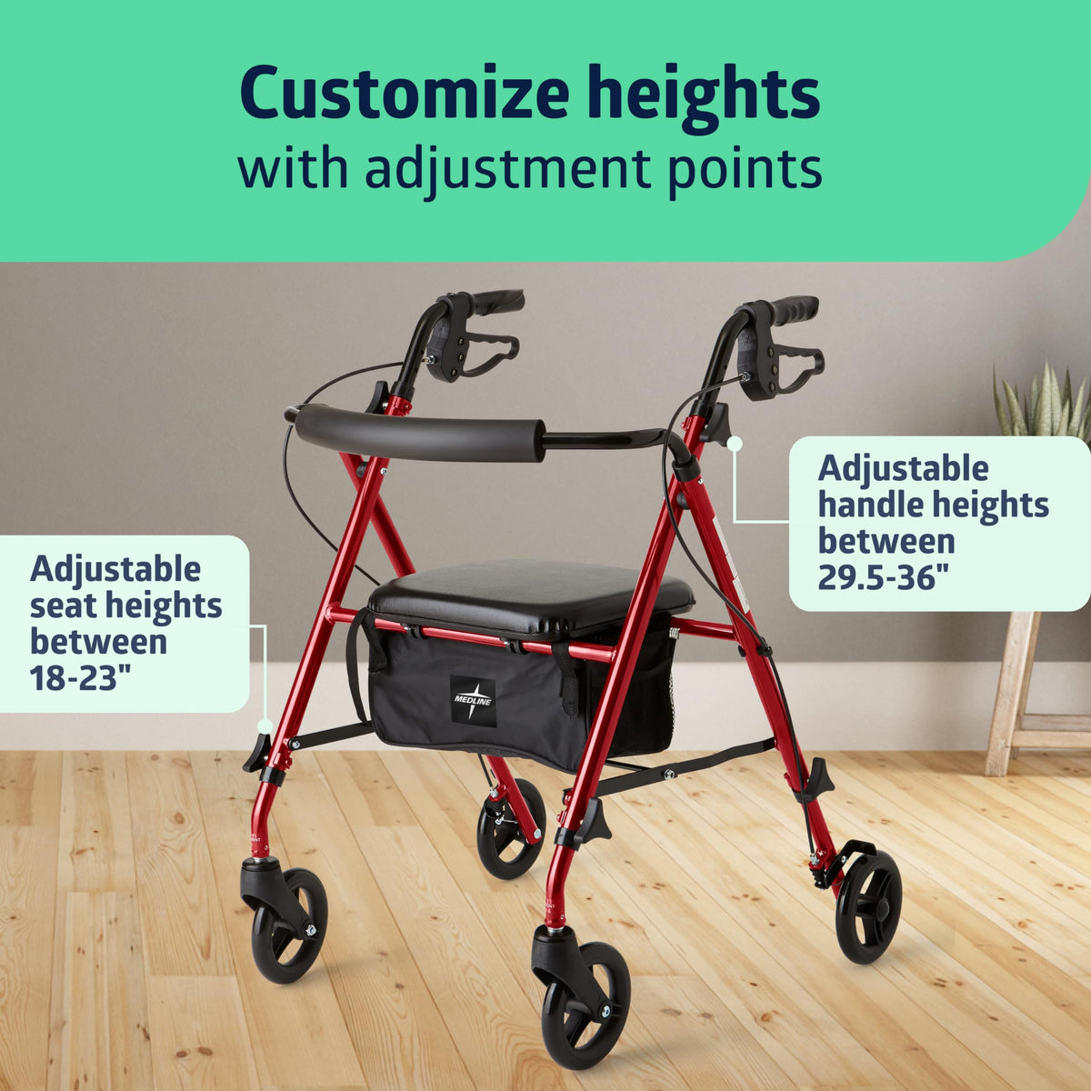 Lightweight Folding Aluminum Rollator Walker with 6-inch Wheels, Adjustable Seat and Arms, Burgundy C1519