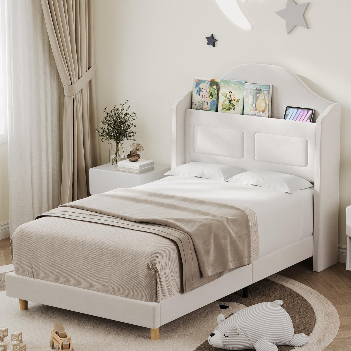 Beige Upholstered Platform Bed with LED Lights C582