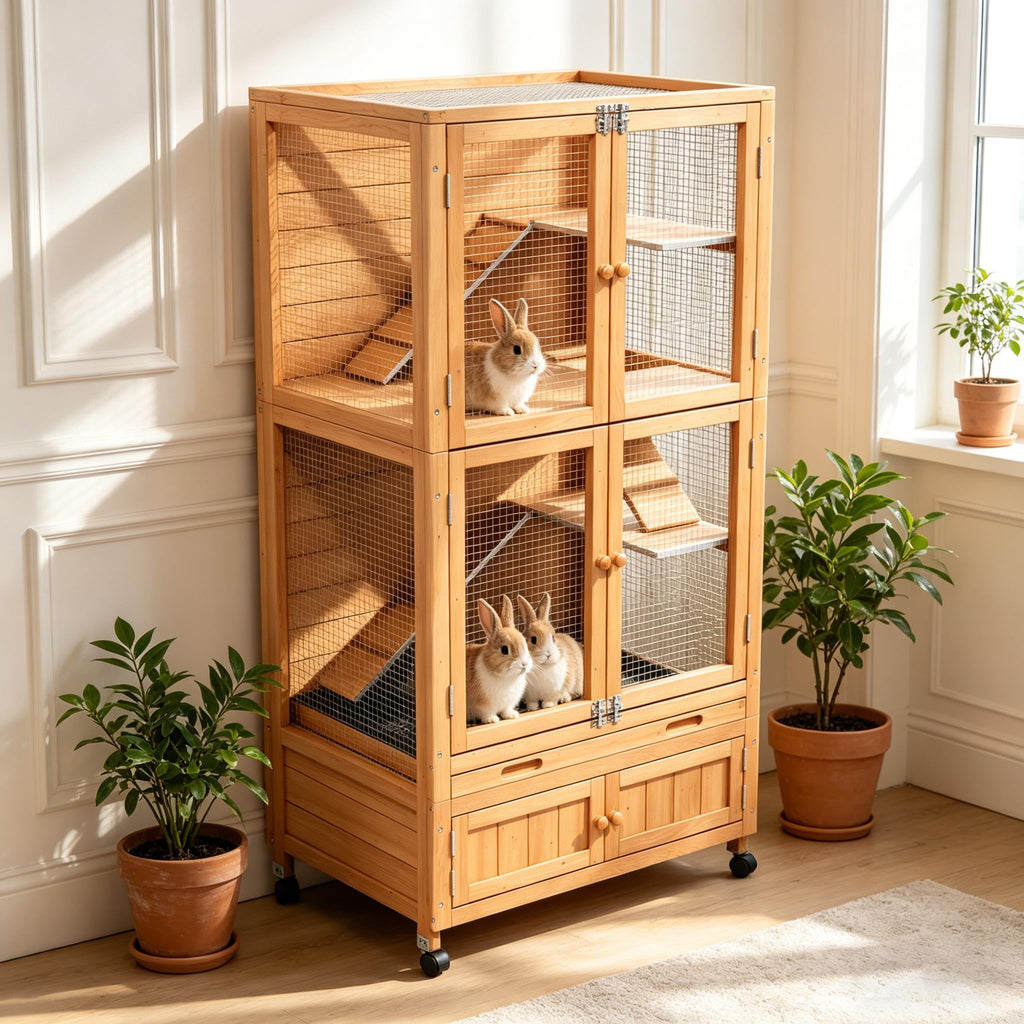 2-Story Wooden Rabbit Hutch with Ramp, Trays & Wheels G16652