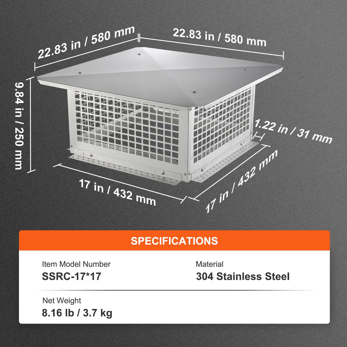 17x17 inch 304 Stainless Steel Chimney Cap R8246