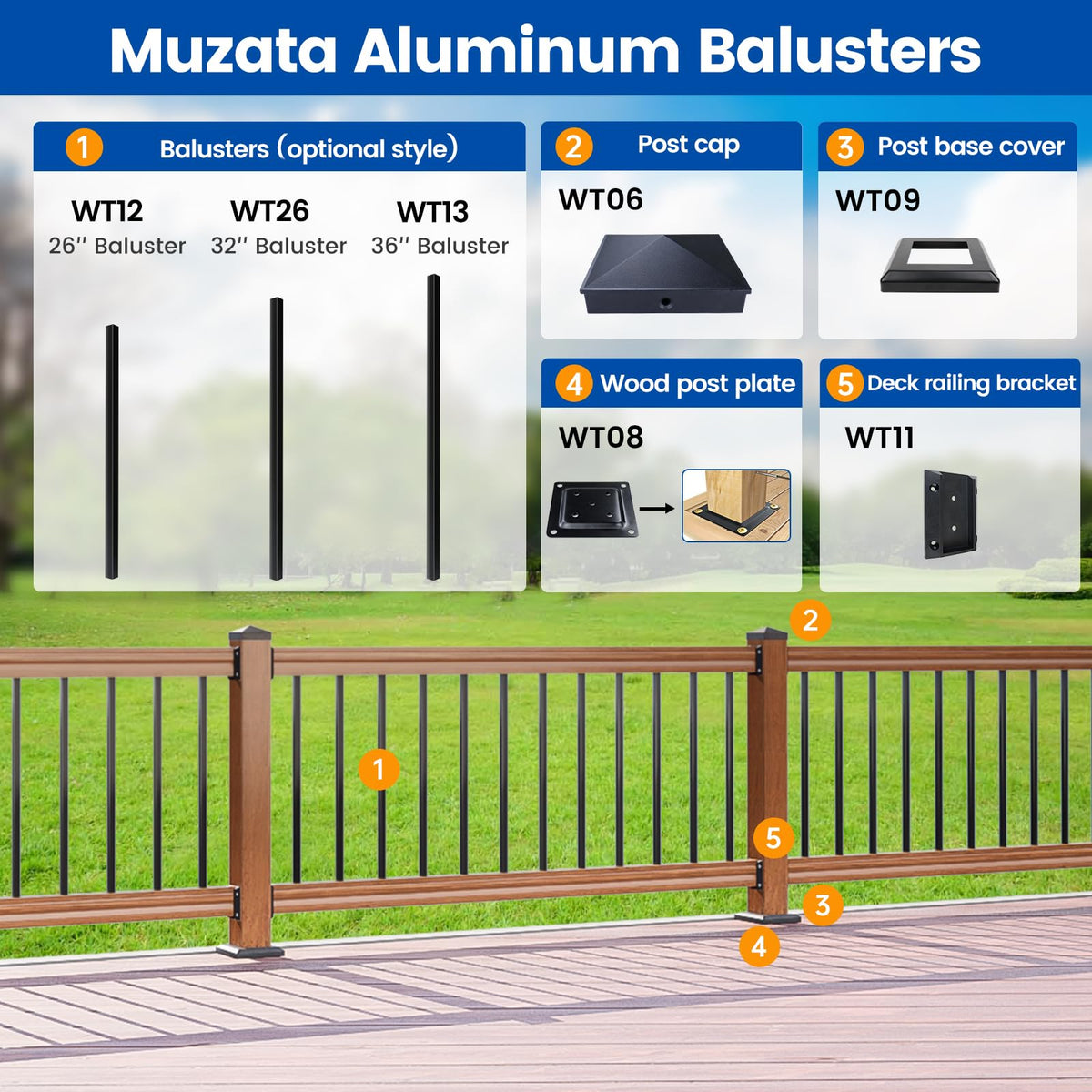50 Pack 32" Black Aluminum Square Deck Balusters D859