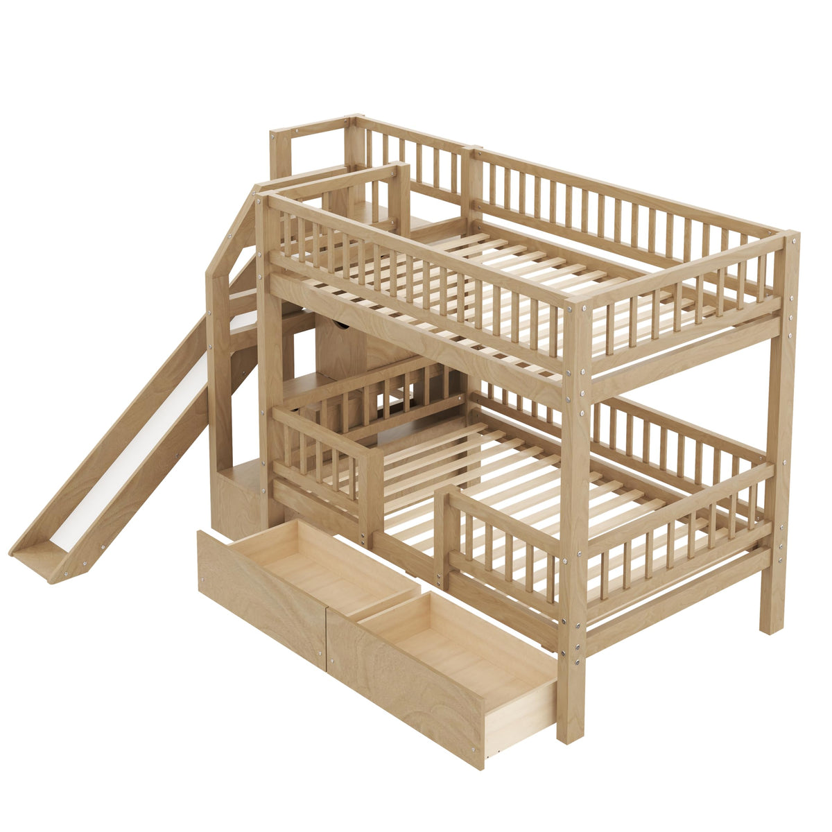 Twin Over Twin Bunk Bed with Slide and Storage Drawers D962549