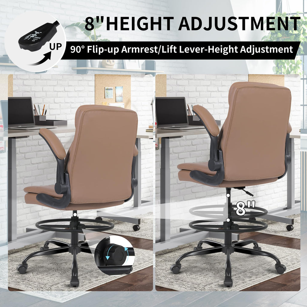 Leather Drafting Chair with Adjustable Height and Flip-up Armrest L330353