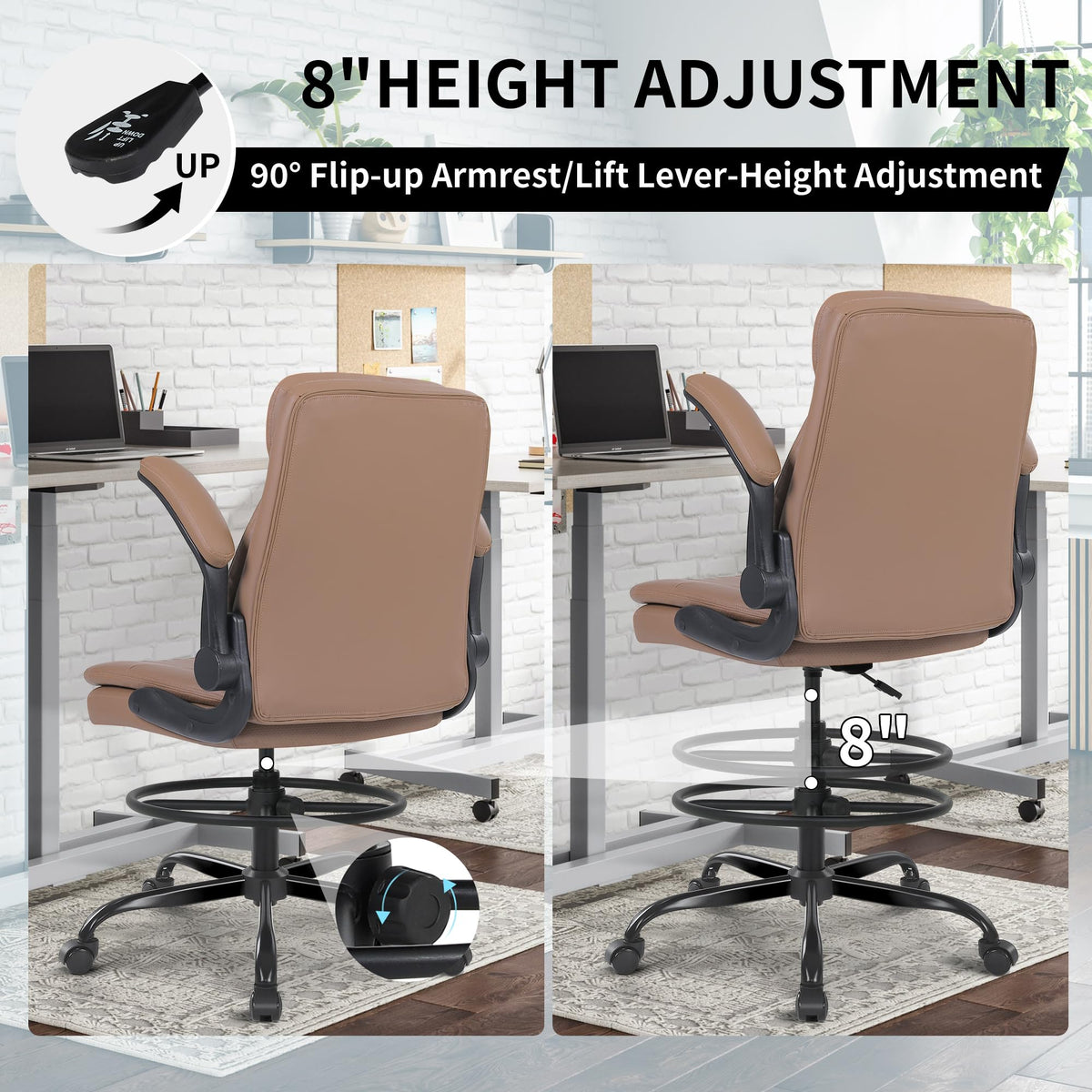 Leather Drafting Chair with Adjustable Height and Flip-up Armrest L330353
